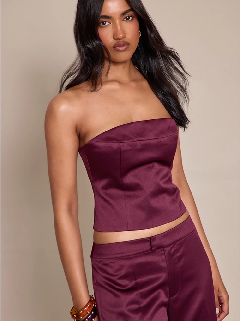 PrettyLittleThing Satin Strapless Bustier Top in Berry